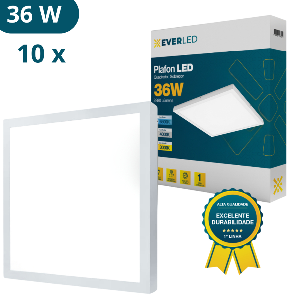 Kit 10 Plafon Painel LED 36W Sobrepor 40x40cm - Escolha a Cor (3000K / 4000K / 6500K)