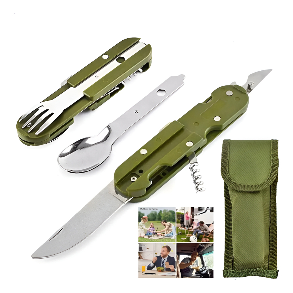 Kit Talher Militar Colher Garfo Faca Abridor de lata Saca Rolhas Canivete Tático Camping Sobrevivência