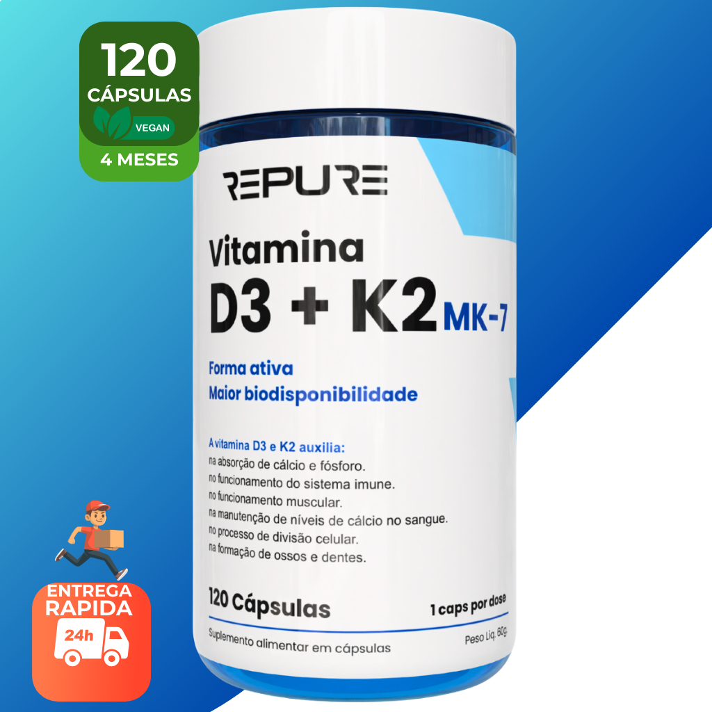Vitamina D3 + K2 MK7 (2.000UI + 149mcg) Premium - 120 Cápsulas | Colecalciferol + Menaquinona-7 Pura e Ativa – 2 Meses
