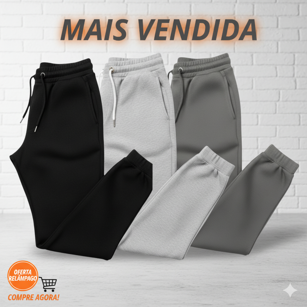 Kit 3 Calça de Moletom Algodão unissex com Punho e Elástico Estilo e Conforto