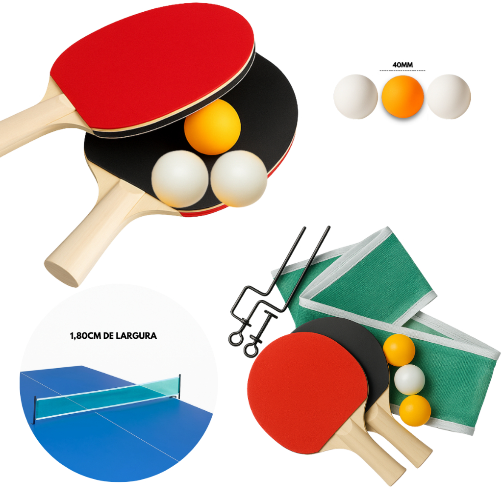 Kit 2 Raquete Para Ping Pong Com ou Sem Rede Para Tênis de Mesa 3 Bolinhas Suporte Jogo Bolas Amador