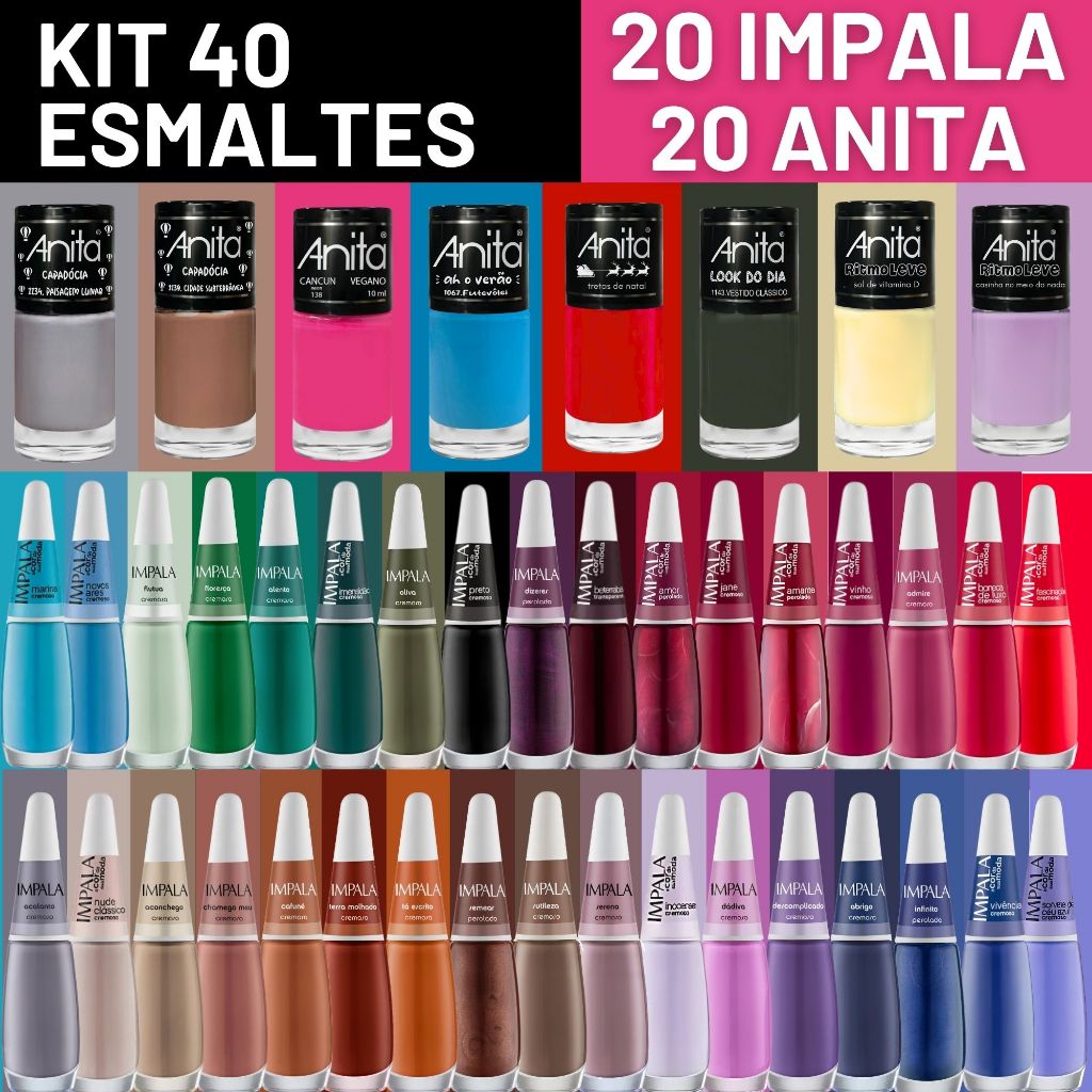Kit 40 Esmaltes Impala e Anita Esmalte Atacado Sortido Promoção Esmalte Perolados Cremosos Glitter