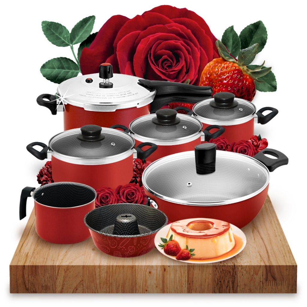 Conjunto de Panelas Antiaderente Amore+ Panela de Pressão+ Panela  Wok+ Forma Faz Pudim Em 5 Min 7PC