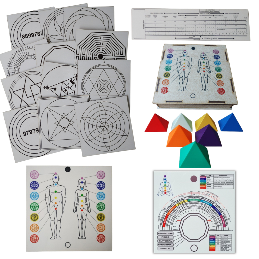 Kit 12 gráficos da Radiestesia MDF BRANCO 20x20cm 3mm + Kit 7 Piramides + Gráfico Chakras + Caixa +Régua Bóvis + Relógio em Oferta na Shopee