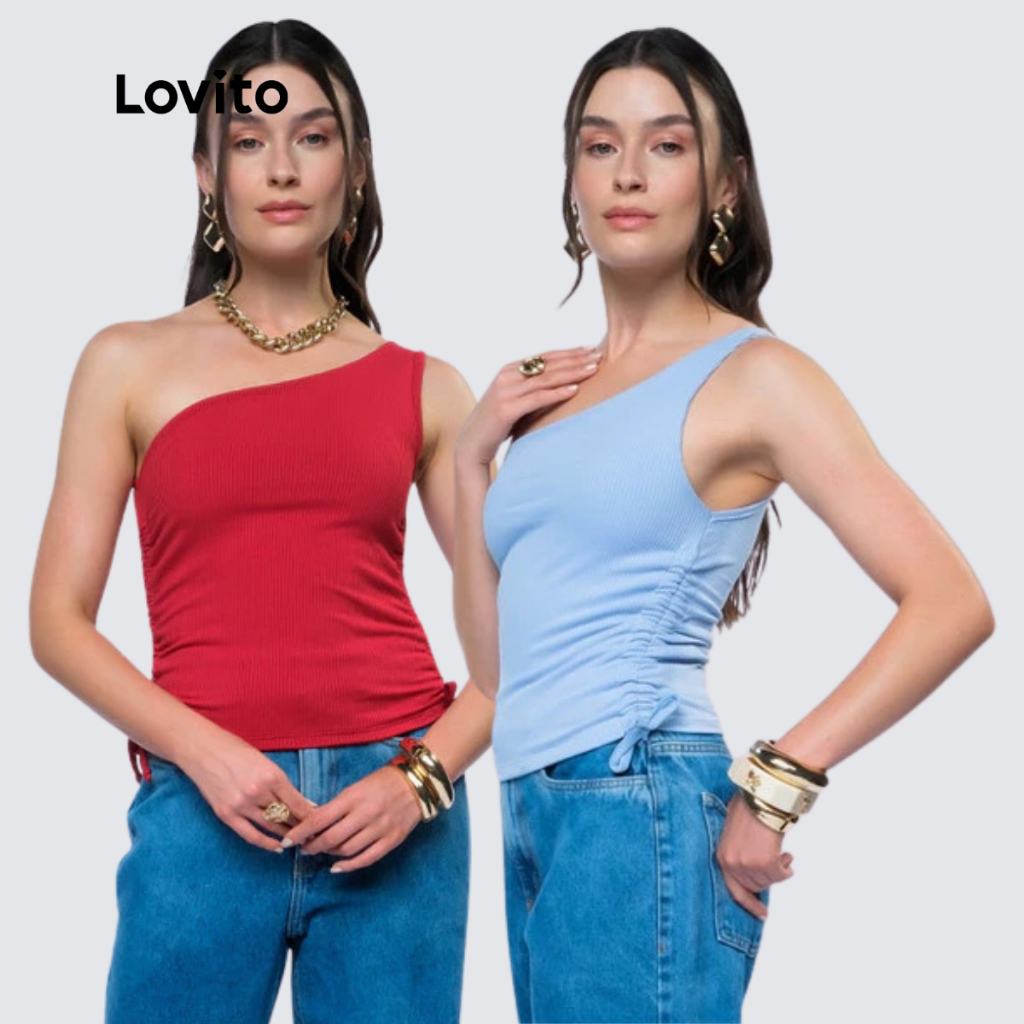 Lovito Kit 2 Regatas Um Ombro Só Feminina Franzido Lateral LB1320BRL1350 em Oferta na Shopee