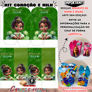 KIT CAIXA MILK/CORAÇÃO LEMBRANCINHAS (COM/SEM) NOME TEMA: PRINCESA E O SAPO BABY/TIANA BABY em Oferta na Shopee