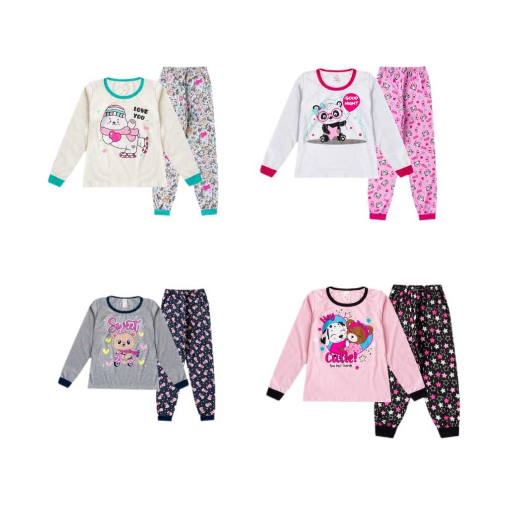 Kit 2 ou 4 Conjuntos de Pijamas de inverno brilha no escuro Feminino/Menina Infantil e Juvenil  Algodão