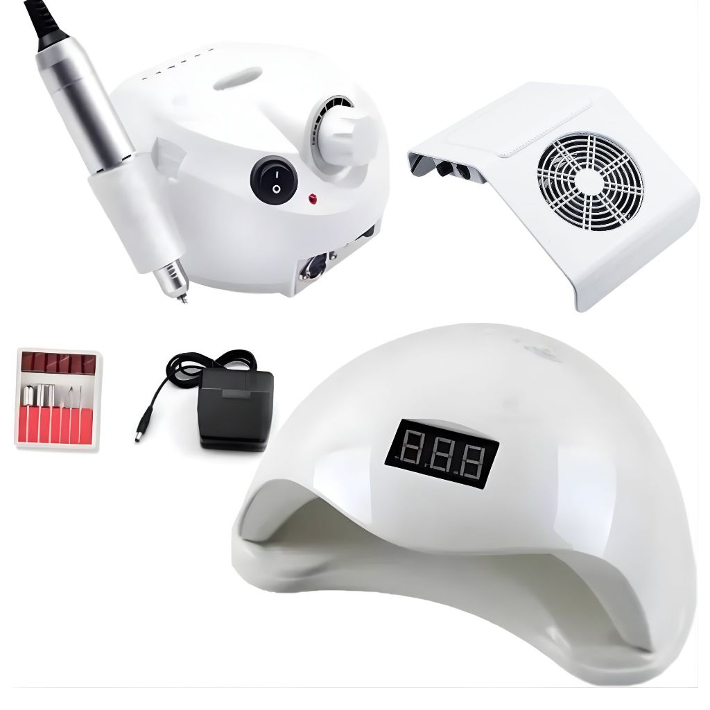Kit Unhas em Gel Profissional Completo – Cabine Sun 5 LED UV 48W + Lixadeira Porquinho + Aspirador de Pó 40W Bivolt
