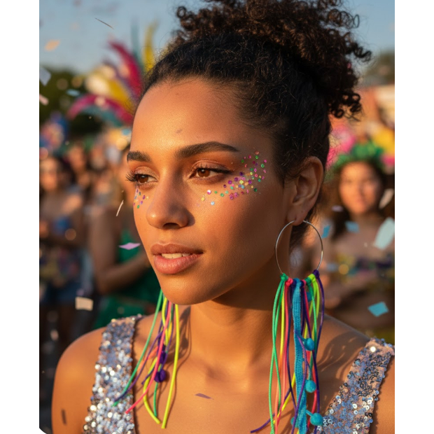 Brinco Carnaval folia Par de Brincos Argola aço inox Fitas Franjas pompom Fios Neon Colorido Acessórios moda Bloquinho