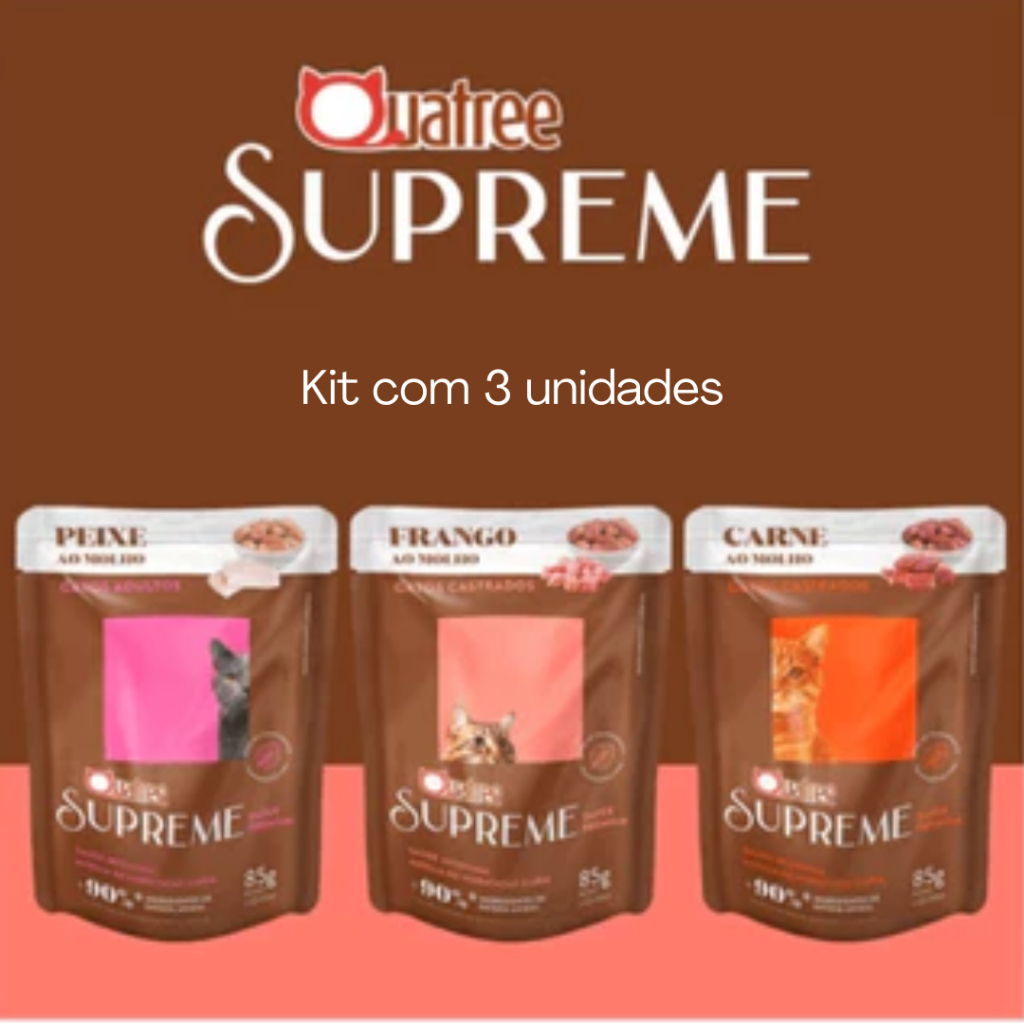 Kit 3un Sachê Quatree Gatos Supreme 85g Super Premium Para Gatos Adultos e Castrados - Ração Úmida em Oferta na Shopee