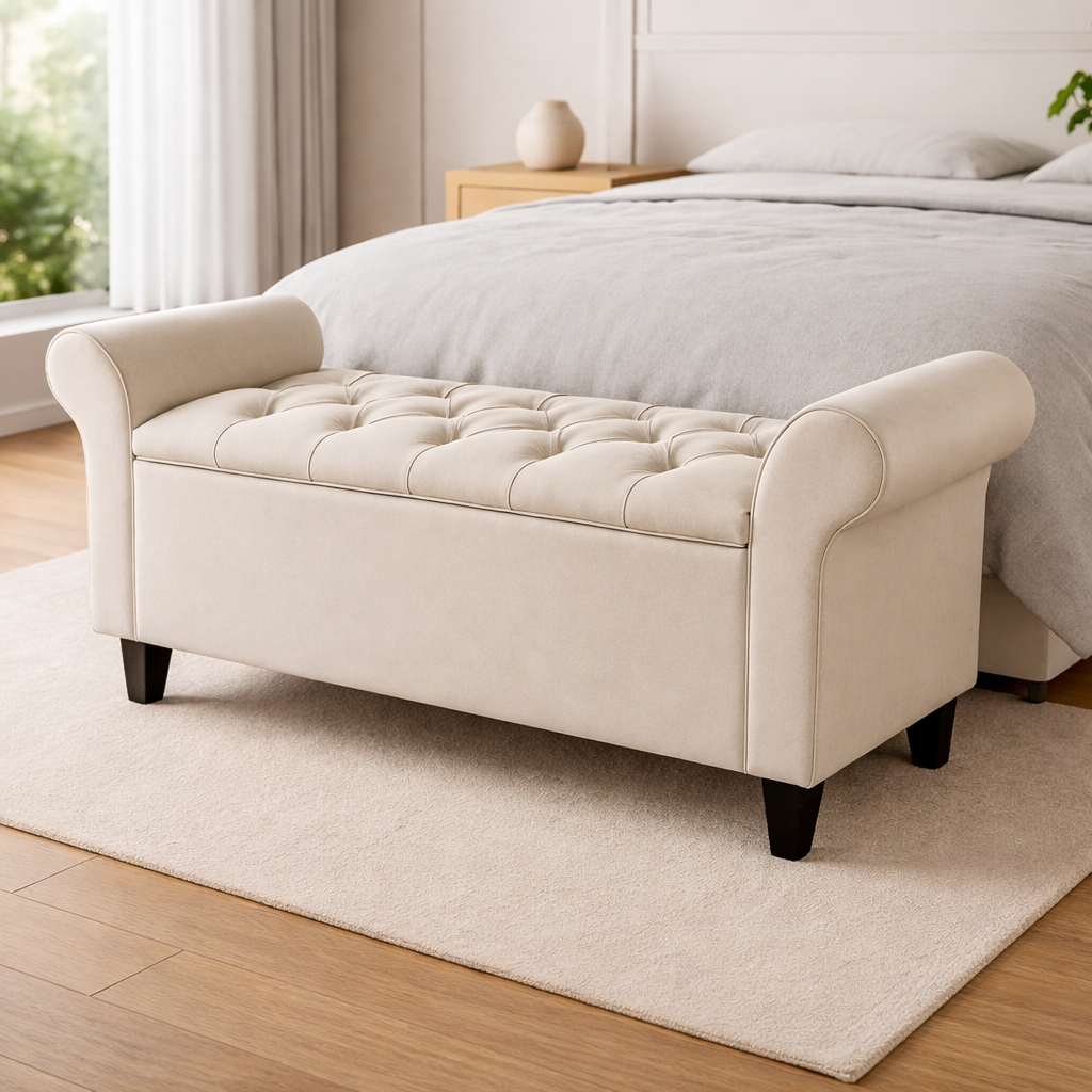 Recamier Baú Estofado com Braços e Capitonê 1,50m Lara Pé Cama Quarto Casal Clássico Elegante Estilo
