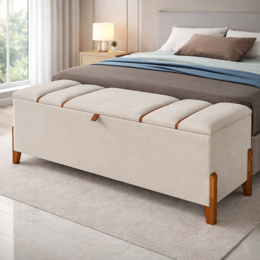Recamier Baú Estofado Pé de Cama Casal Luxo Banco Roma 130cm Madeira Organizador Sofisticado em Oferta na Shopee