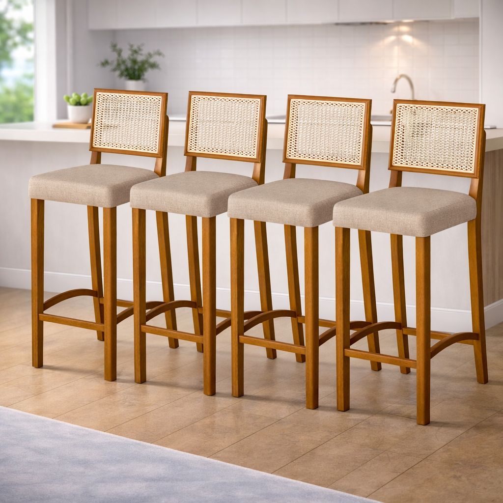 Kit Banquetas Altas de Madeira com Encosto Rattan e Assento Estofado Cozinha Bancada Área Gourmet