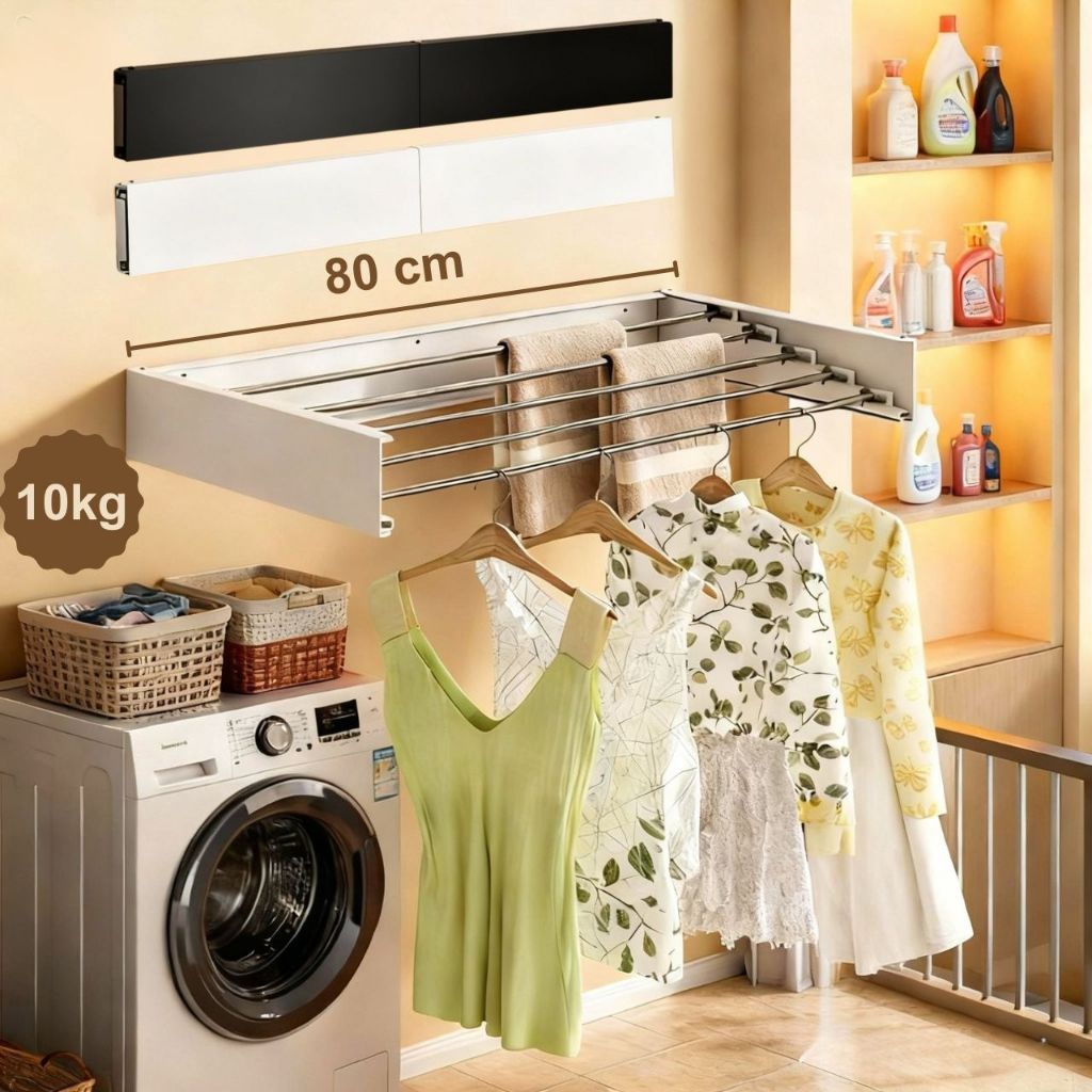 Varal de Parede Retrátil Mágico 80cm 5 Varetas Invisível para Apartamento Prático Não Enferruja