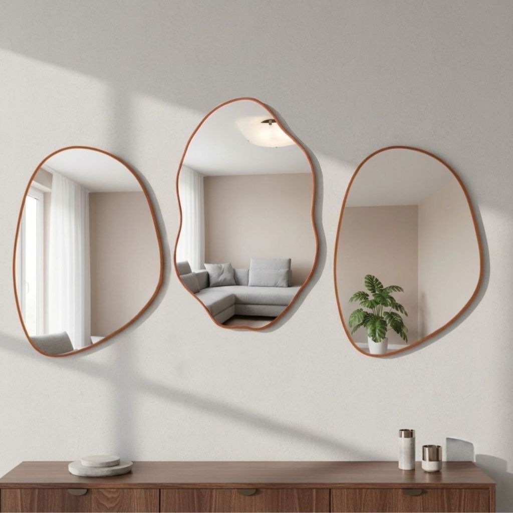 Kit Combo Espelhos Decorativos We Mirror - Com Moldura em Couro Caramelo P/ Sala Banheiro Hall