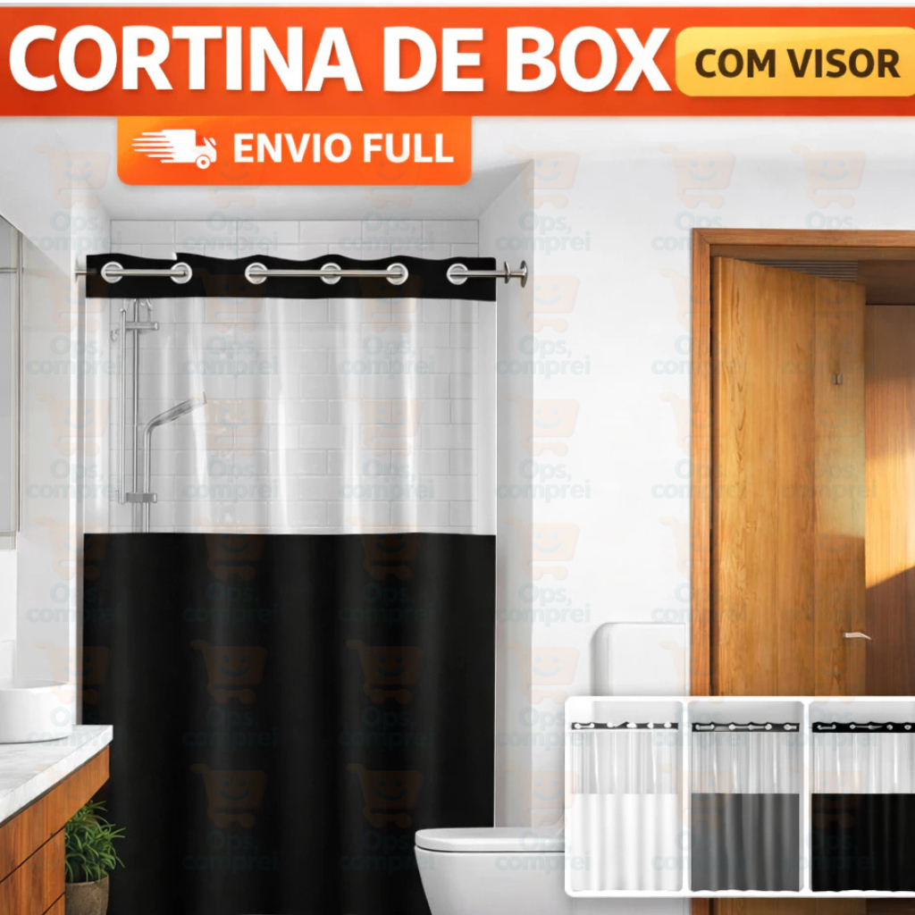 Cortina de Banheiro com Visor Transparente em PVC Cortina de Box Banheiro Antimofo Preta Branca Cinza