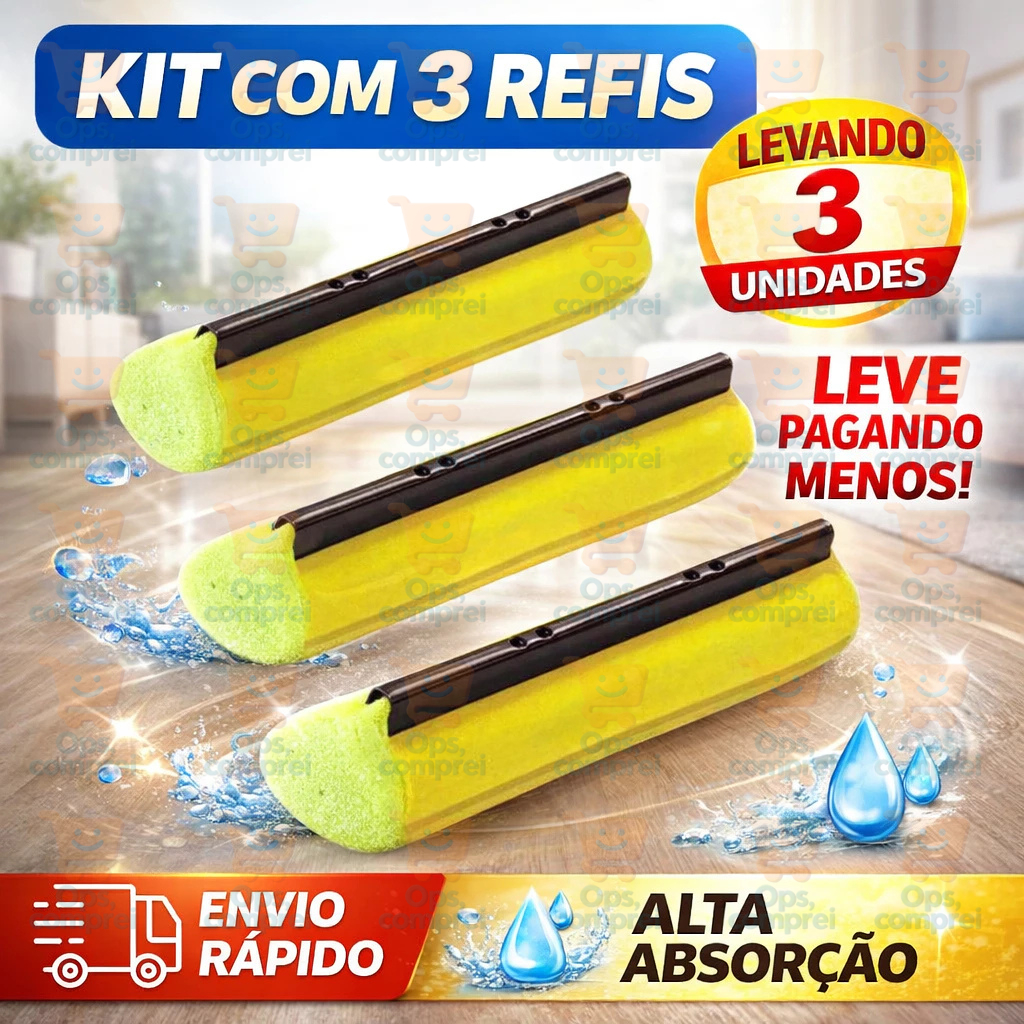 Kit Com 3 Refil Mop Espuma Rodo Mágico Universal Esfregão Limpeza Eficiente Alta absorção Qualidade Casa em Oferta na Shopee
