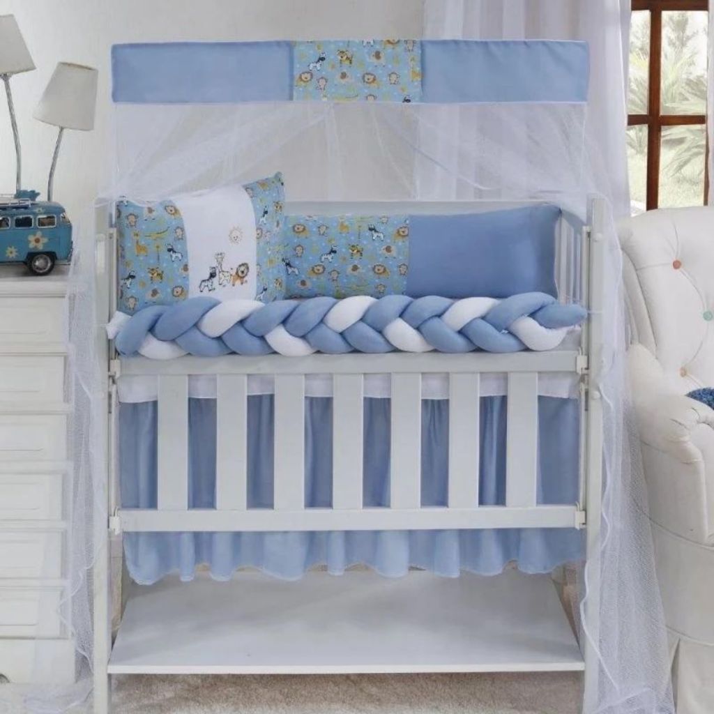 Kit Para Mini Berço  bordado 6 Peças Trança E Mosquiteiro Masculino Varias Opções