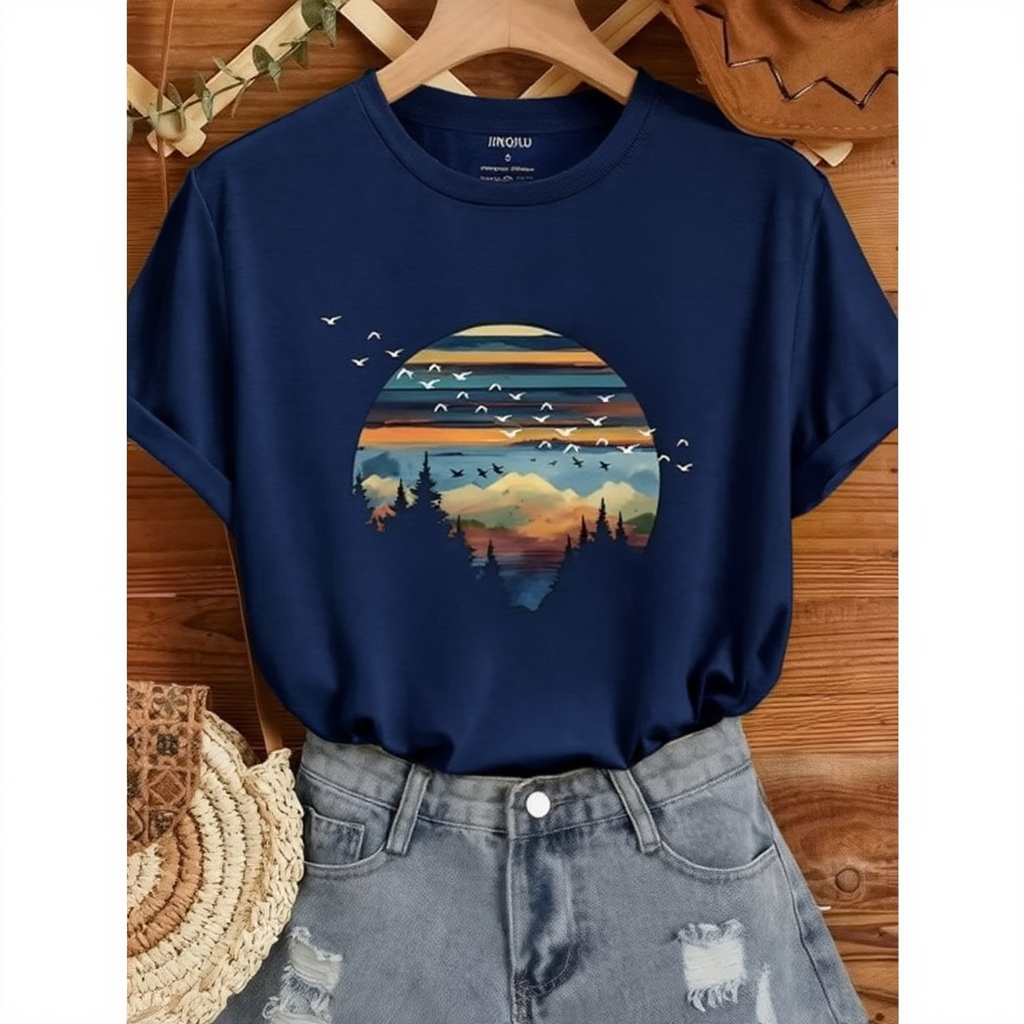 Camiseta Feminina Slim Preta Estampa Paisagem Casual e Estilosa