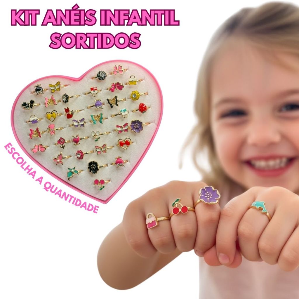 3/5/10/12/18/24/36 Anéis Infantil Sortidos Menina Anel  para Criança Modelos Divertidos Ajustáveis