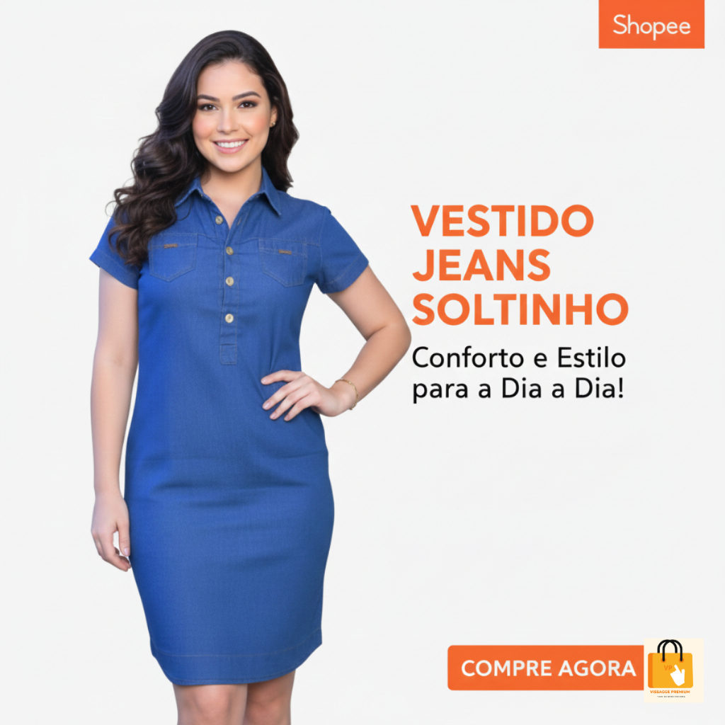 Vestido no jeans leve, feminino soltinho, vestido estilo chemise na moda soltinha no jeans