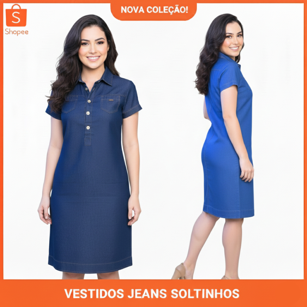 Vestido feminino soltinho, Jeans leve, confortável, Chemise soltinha  e Casual para dia quente