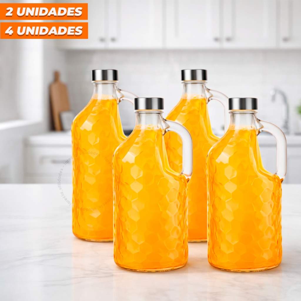 Kit 2/4 Garrafas de Vidro 1 Litro Tampa Inox Hermética com Alça Transparente Água Suco Geladeira