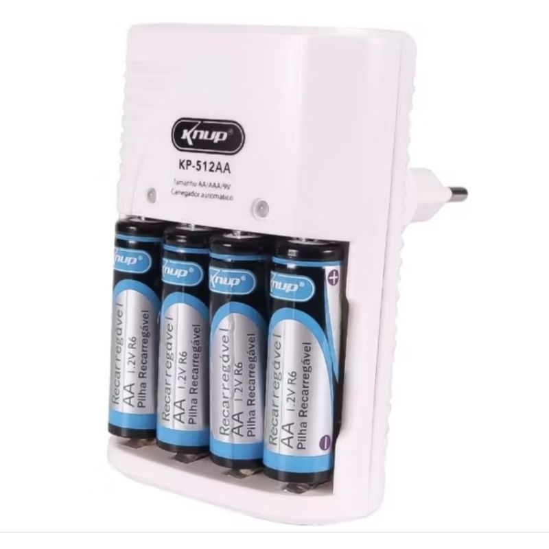 Kit Carregador Bivolt Knup + 4 Pilhas Aa Kp-512aa Rápido