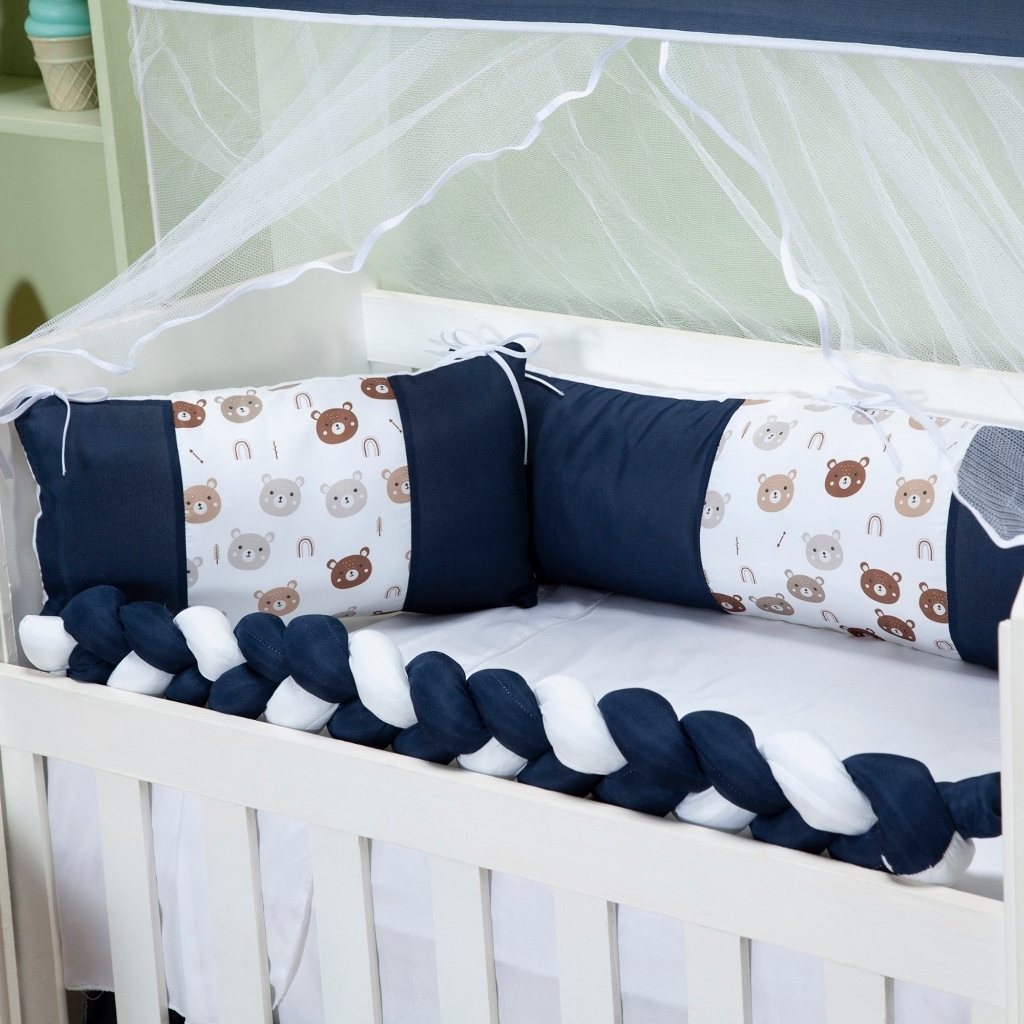 Kit Para Mini Berço 6 Peças Trança E Mosquiteiro Feminino e Masculino