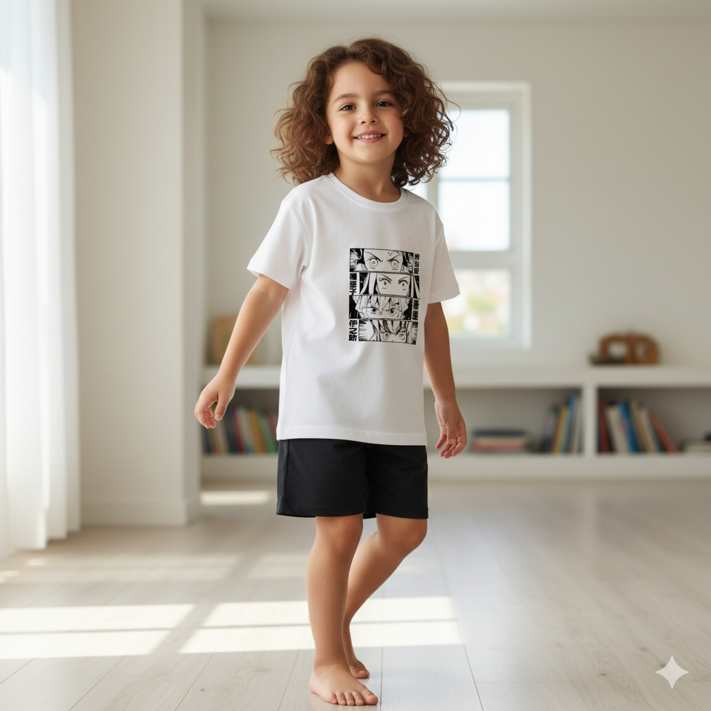 Kit Camiseta Branca Estampada Anime e Short Moletom 2 ao 14