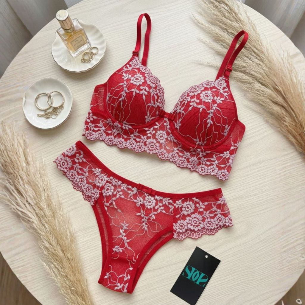 Detalhes do Conjunto Lingerie Renda Luxo Bicolor com Bojo Moda Íntima Feminina Antonella.