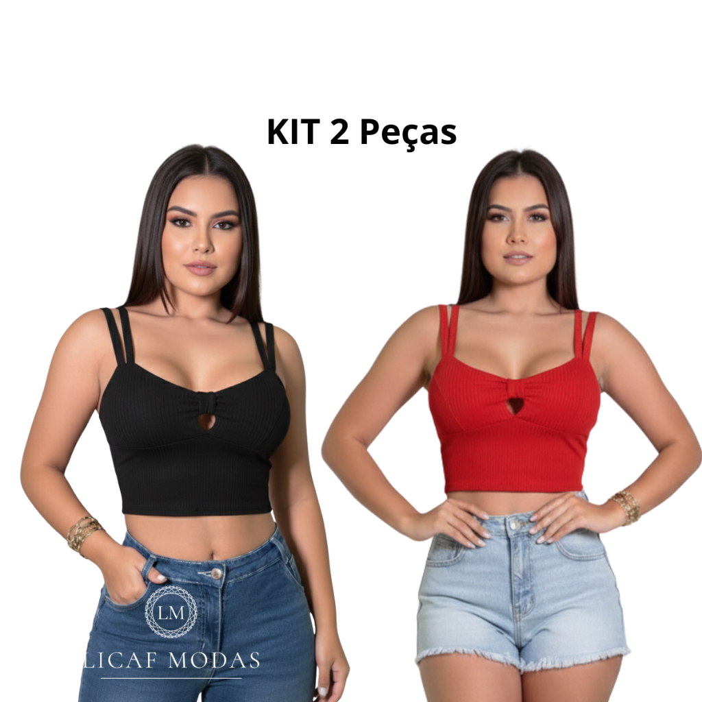 Kit 2 Cropped Alcinha Dupla Com Bojo Canelado Femenino Estilo Blogueira Confortavel Moda Verão