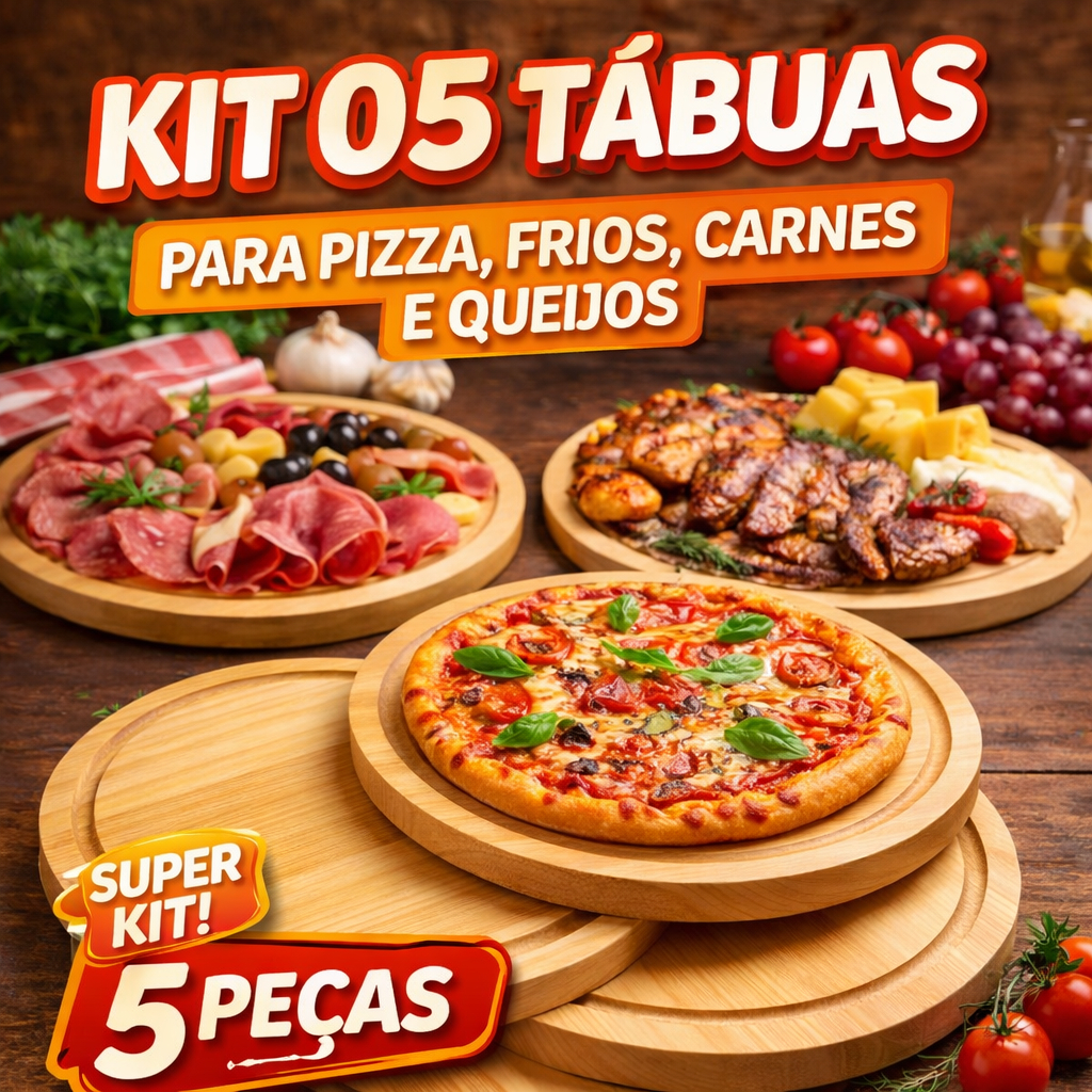 Kit 05 Tábuas de Pinus para Pizza, Queijos e Frios – Praticidade e Estilo para Servir.