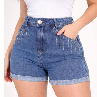 Short Jeans Feminino Cintura Alta com Detalhe em Strass e Barra Dobrada