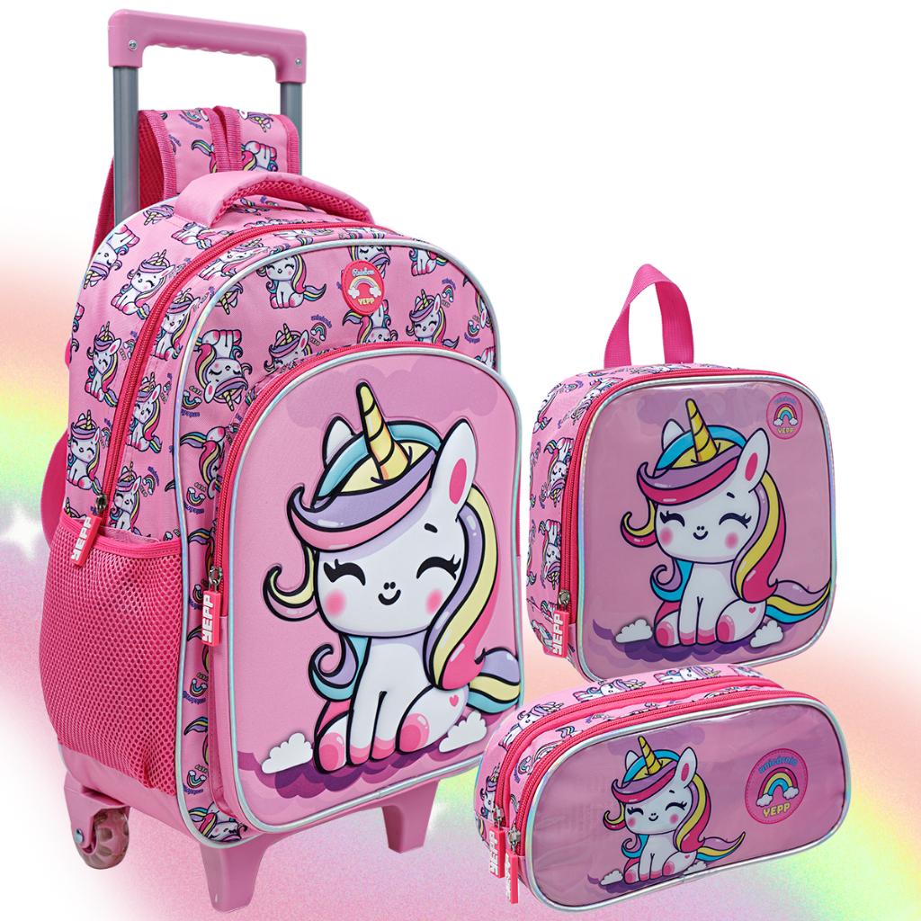 Mochila Escolar Infantil de Rodinhas Menina Bolsa Resistente Lancheira Térmica  Estojo Kit Escolar Completo Lançamento