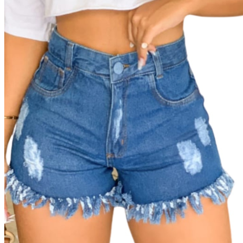 Short Jeans Feminino Barra Desfiada Cós Alto Hot Pants Bermuda Short Jeans Roupas Femininas Levanta Bumbum