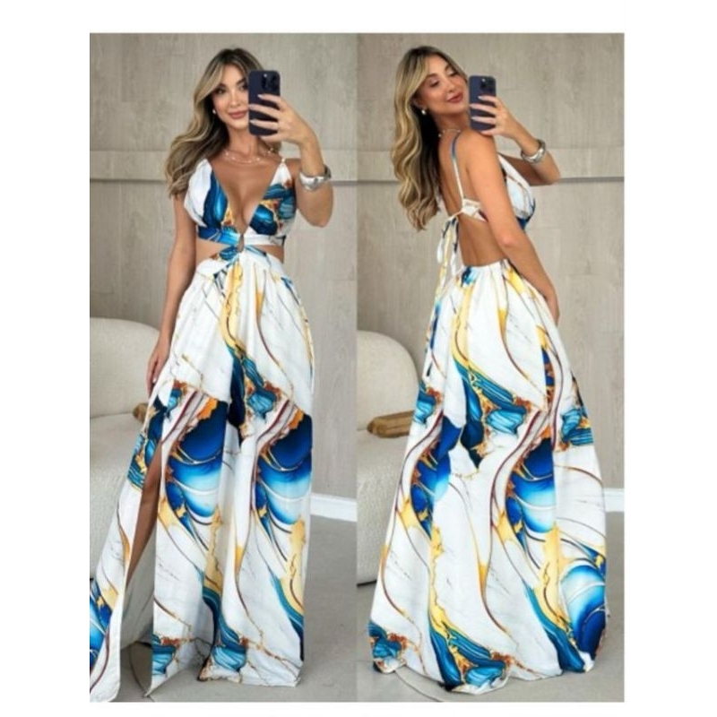 Vestido Longo Estampado Elegante com Fenda Lateral- Verão 2025 em Oferta na Shopee