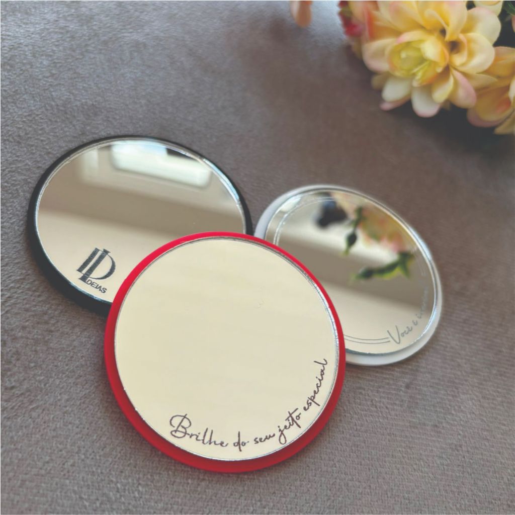 Kit Espelhos de Bolsa Acrílico Personalizado com Base 6cm – Brinde para Salão e Eventos | Kits com 15/30/50/100