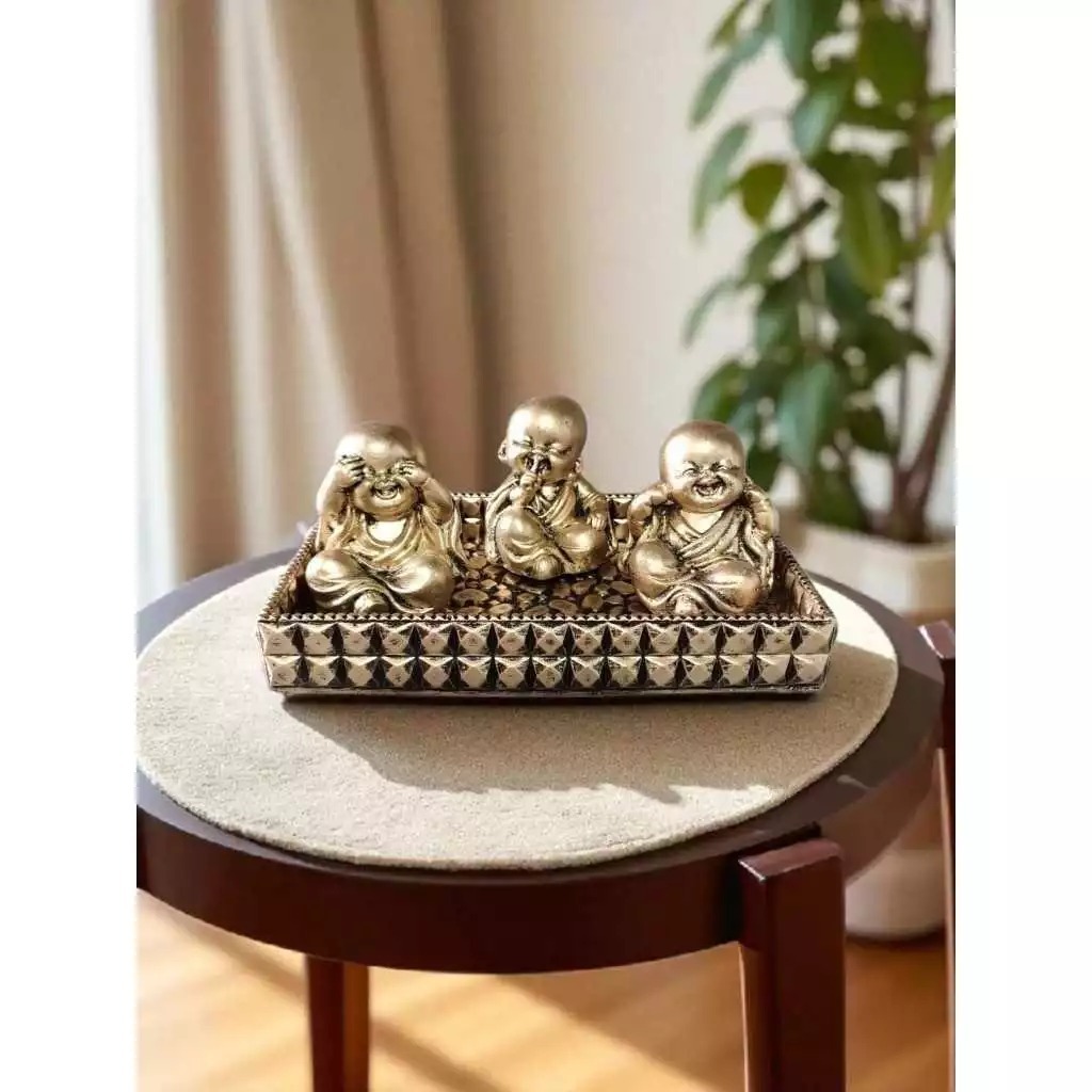 Imagem Bandeja decorativa com trio de estatuas Budas cego, surdo e mudo