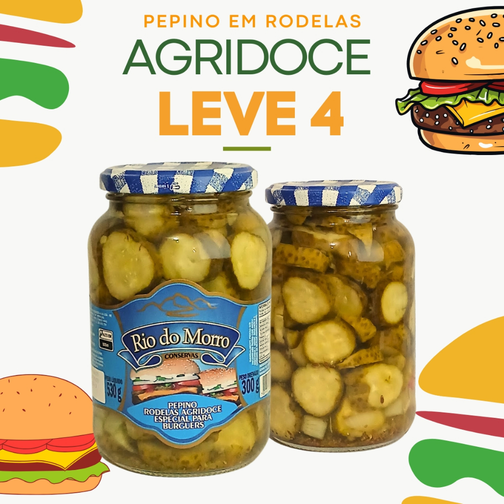 Kit 4 x Pepino Em Conserva Agridoce Em Fatias Burguer 300g Rio Do Morro