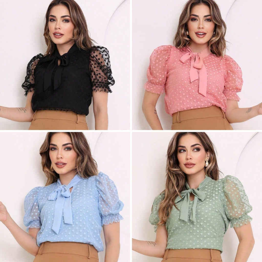 Blusa Social Feminina Manga Princesa Tule Poa Com Gola Laço