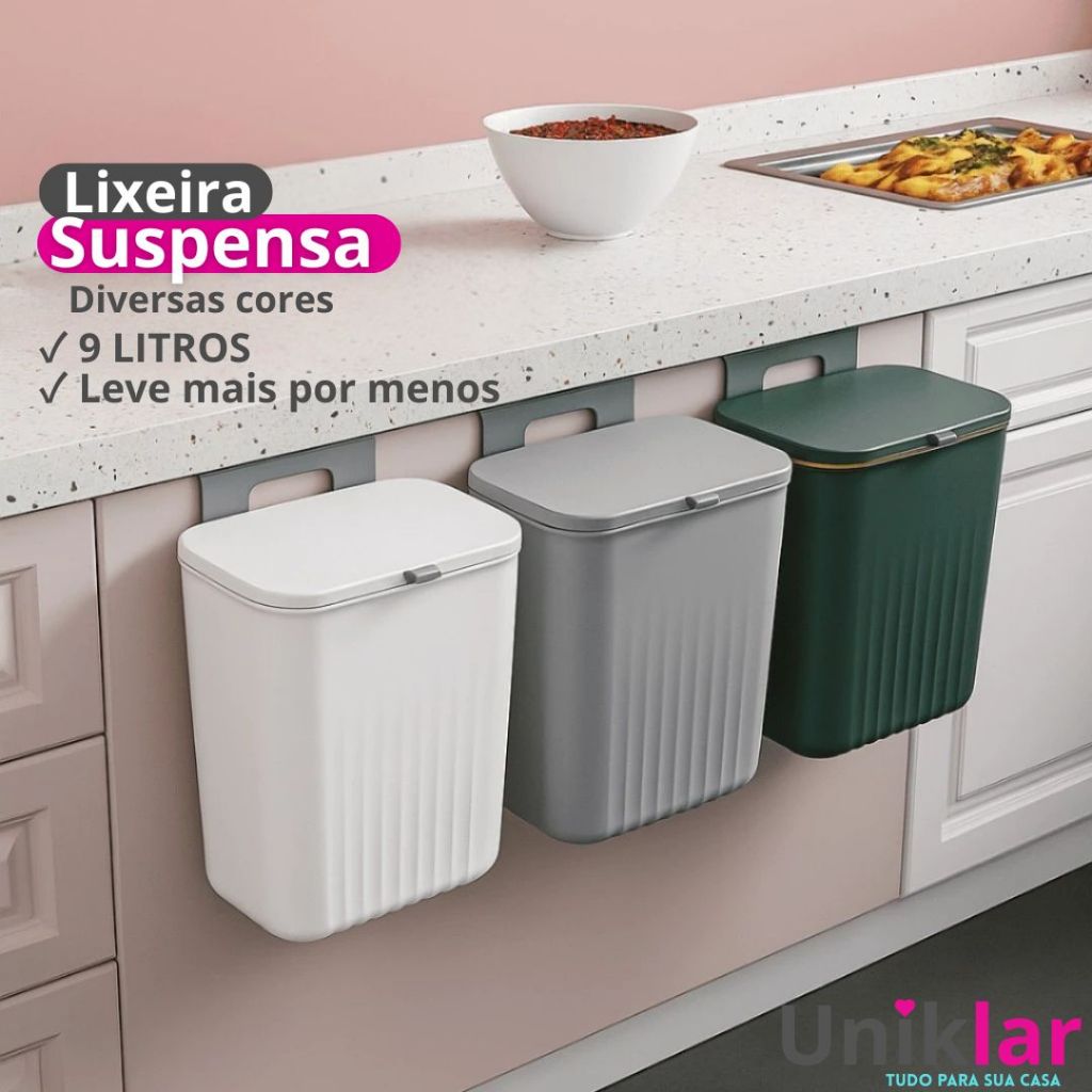 Lixeira Suspensa de Pendurar 9 Litros Banheiro Cozinha Cesto Tampa 9 Litros em Oferta na Shopee