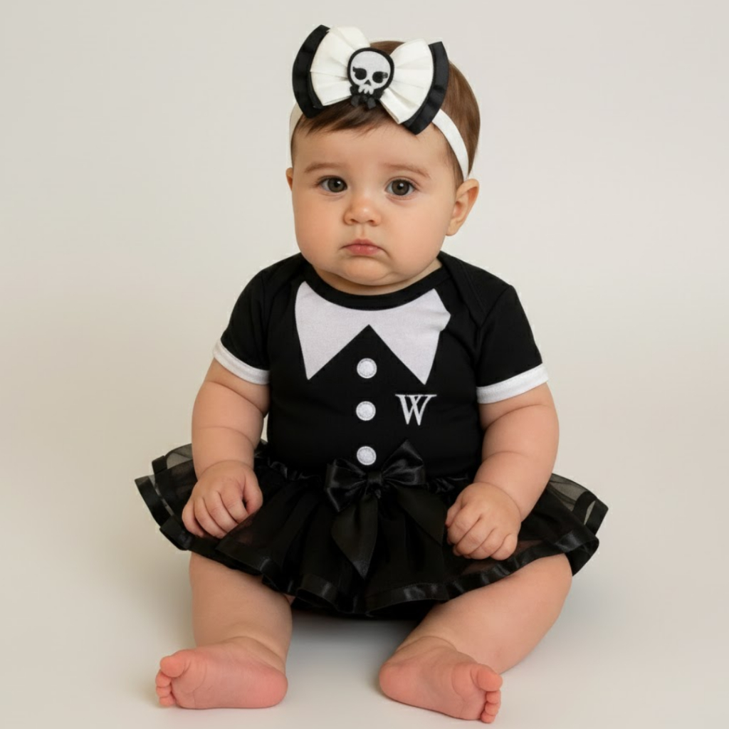 Body Bebe Menina Temático Para Mêsversario Wandinha Adams - Bodie Manga Curta em Oferta na Shopee