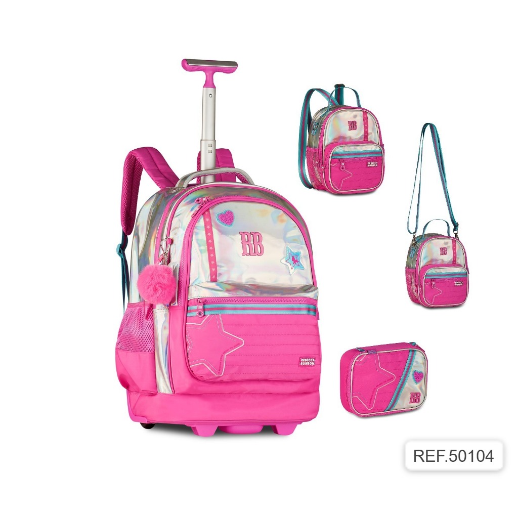 Kit Mochila Carrinho Rebecca Bonbon Holográfica Escolar Infantil (50104)