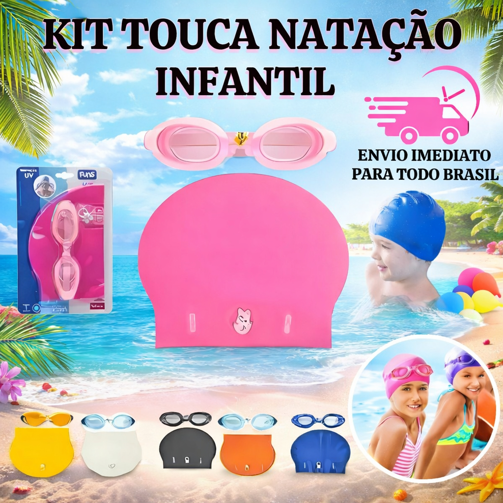 Kit Óculos Natação Infantil Touca E Protetor Menino Menina Piscina Praia Nadar Aquatico Criança