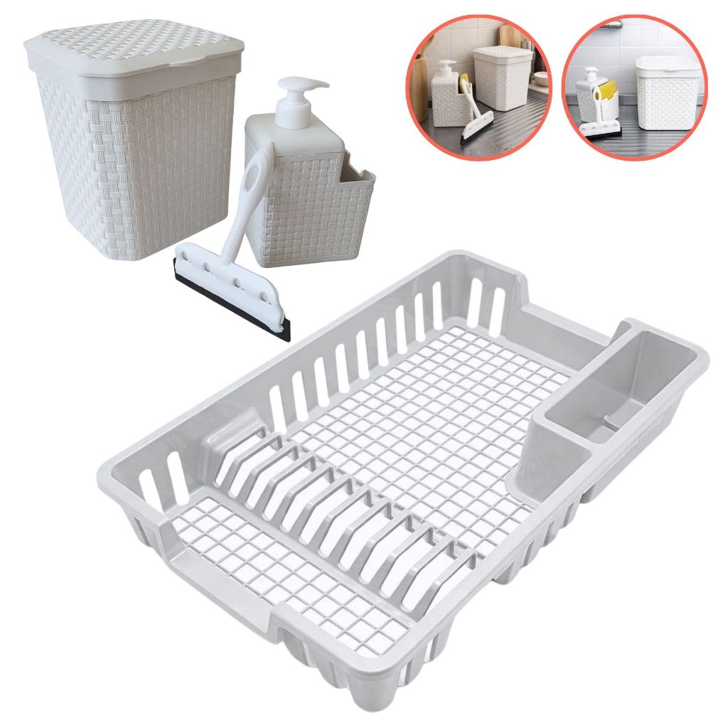 Kit Organizador Pia Escorredor De Louça Lixeira Rattan Porta Sabão E Rodinho Cozinha Chá de Panela Porta Talheres