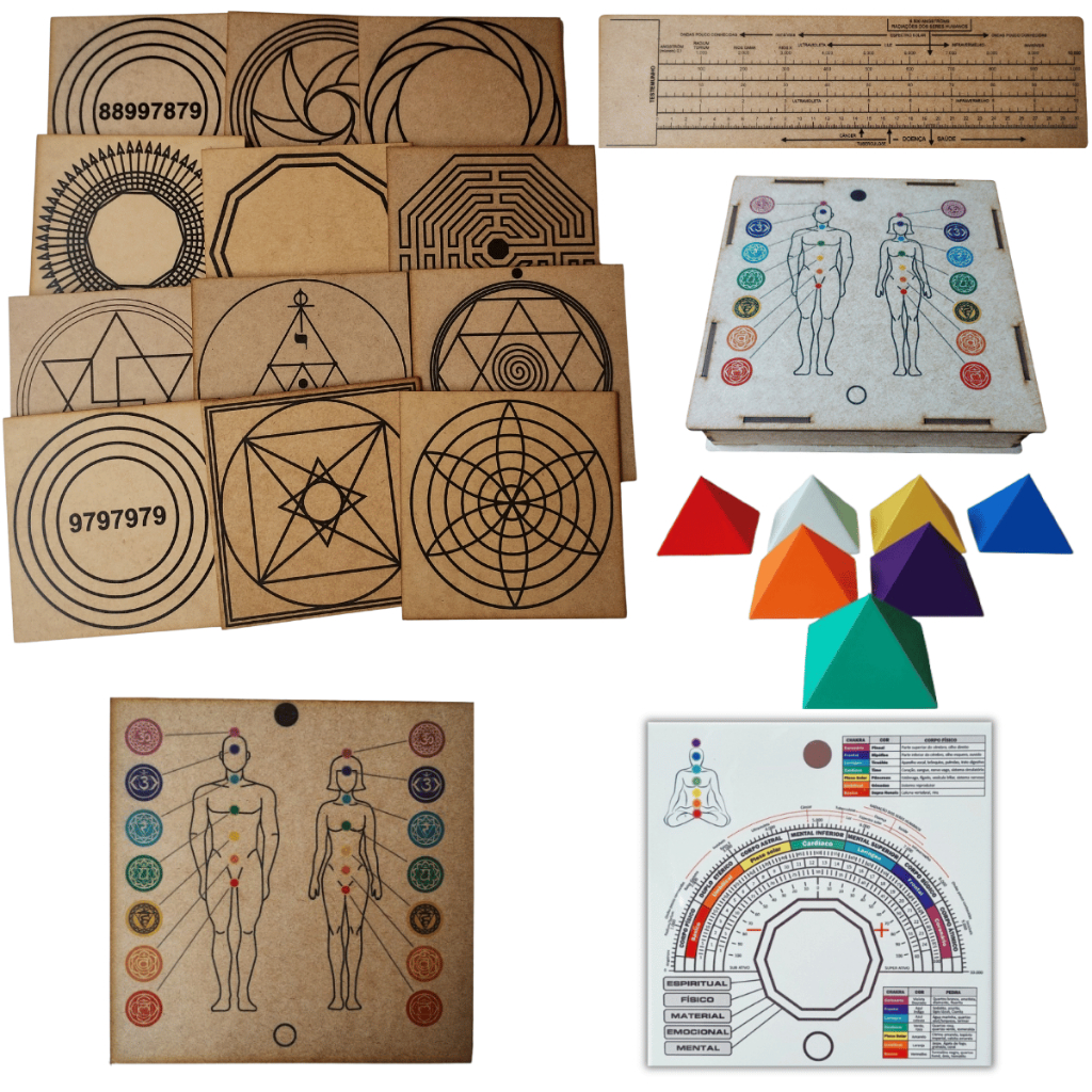 Kit 12 gráficos da Radiestesia MDF CRU 20x20cm 3mm + Kit 7 Piramides + Gráfico Chakras + Caixa + Régua Bóvis + Relógio