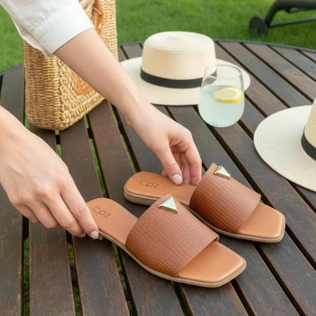Sandália Rasteira Feminina Bico Quadrado Tira Larga Texturizada com Detalhe Metal Confortável Casual Moda Atual