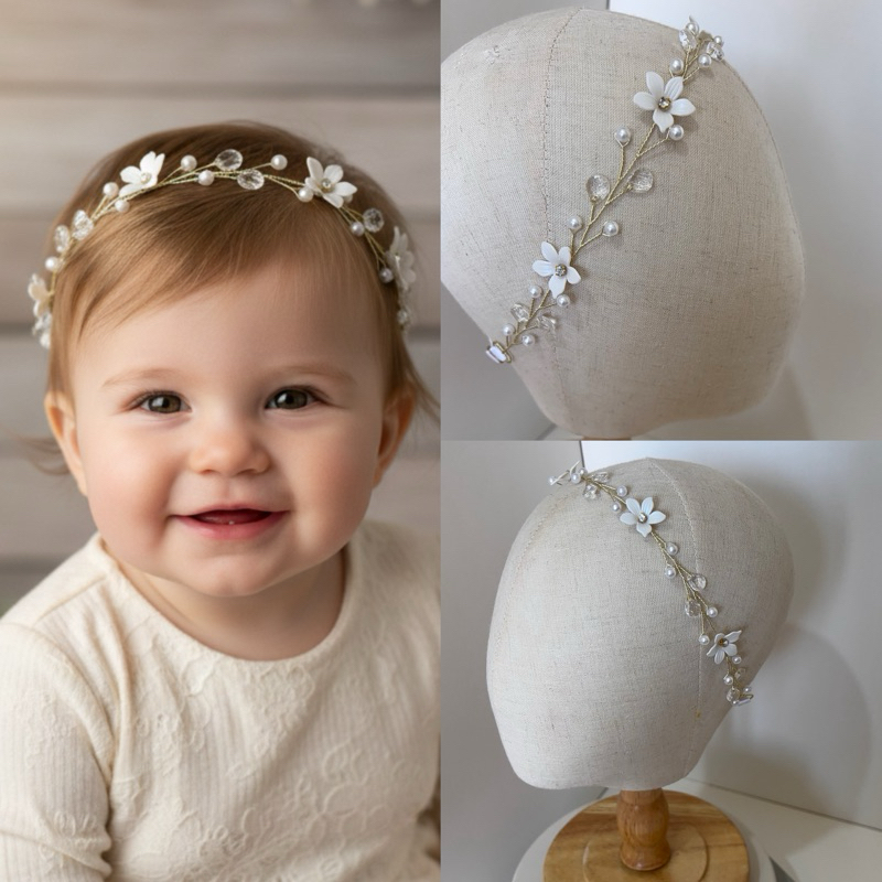 Tiara Isis   branca batizado, flores,daminha,casamento,aniverario em Oferta na Shopee