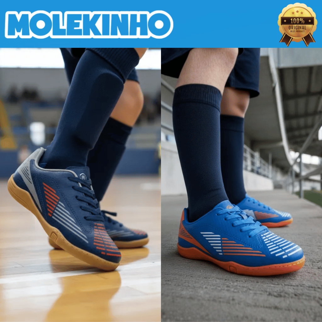Chuteira Molekinho Futsal Quadra Indoor Costurada Society Meninos Cadarço Tênis Confortável Original em Oferta na Shopee